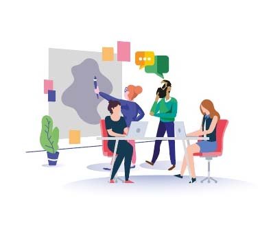 Team planning a project on a whiteboard
